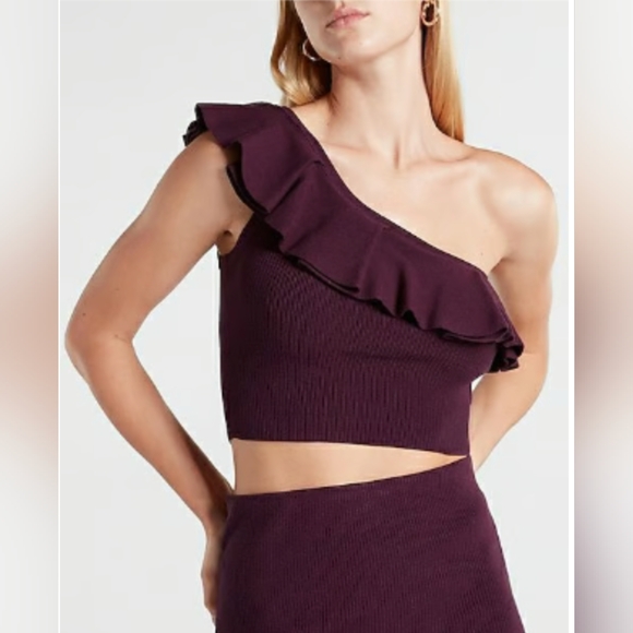 Express Tops - Express One Shoulder Knit Crop Top in Merlot, Size XL